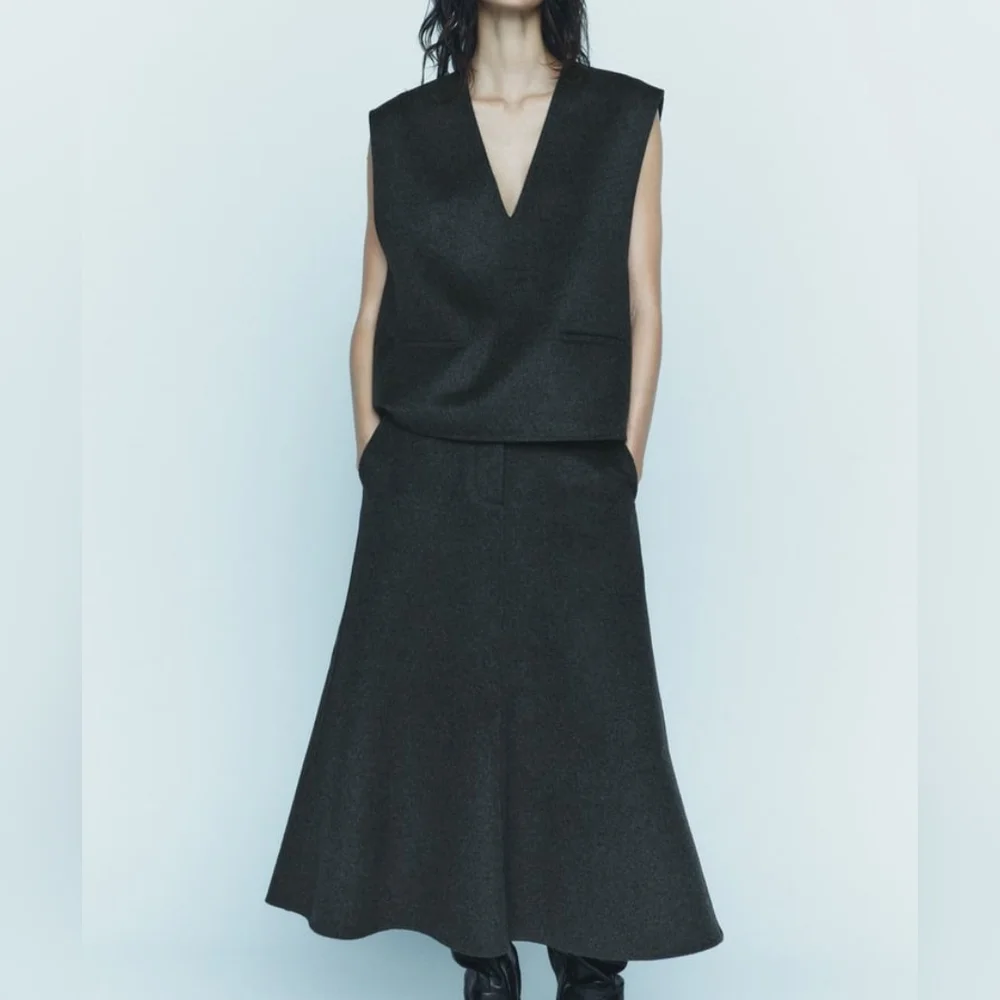 Zara Collection co-ord set vest & Wool-blend cape/A-line midi skirt SZ M BNWT